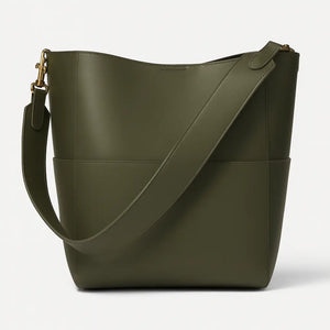 Elara womens genuine leather bucket tote in Black, Earth Yellow, Olive Green, and White with magnetic buckle and inner pocket (330×330×120 mm).