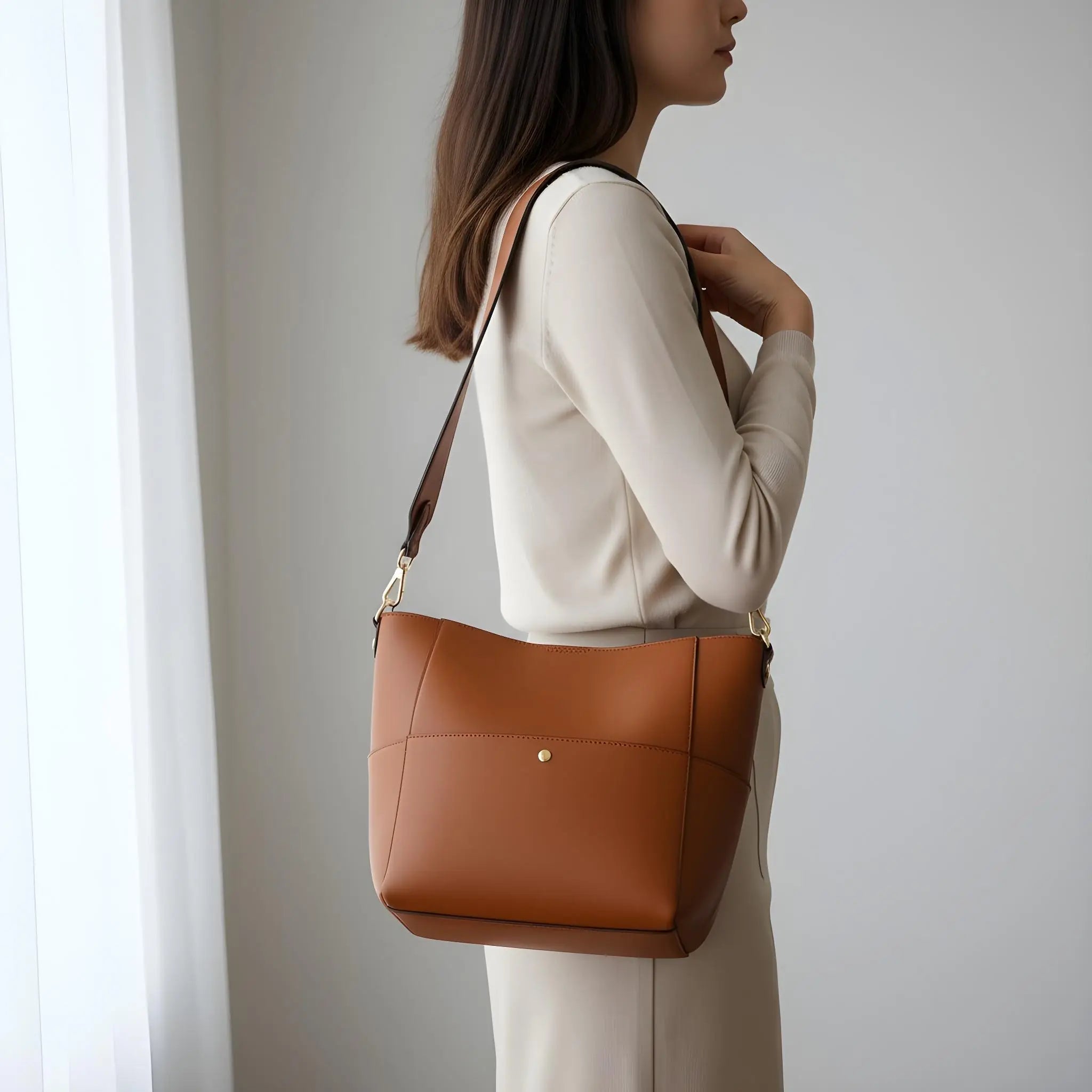 Elara womens genuine leather bucket tote in Black, Earth Yellow, Olive Green, and White with magnetic buckle and inner pocket (330×330×120 mm).