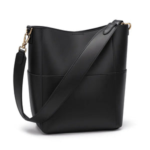 Elara womens genuine leather bucket tote in Black, Earth Yellow, Olive Green, and White with magnetic buckle and inner pocket (330×330×120 mm).