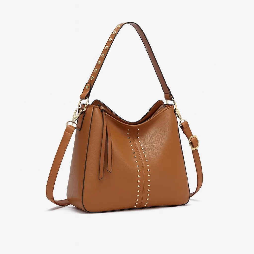 Brown PU leather large-capacity tote bag with top handles and a spacious design, ideal for work, shopping, and daily use.