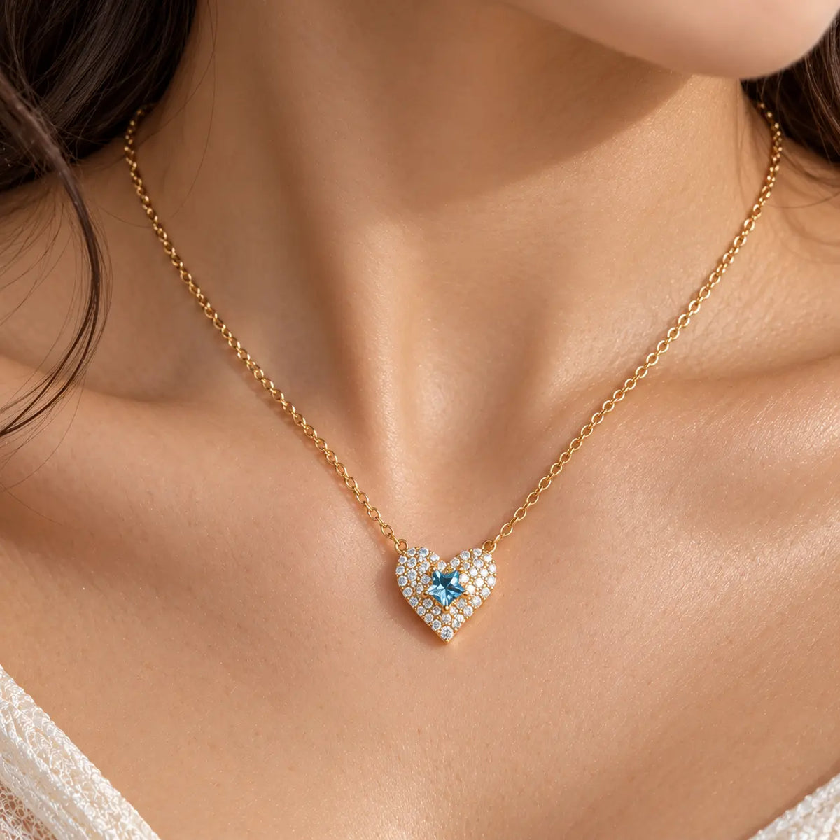 Estelle Blue Star Heart Necklace - Gold-Plated 925 Sterling Silver