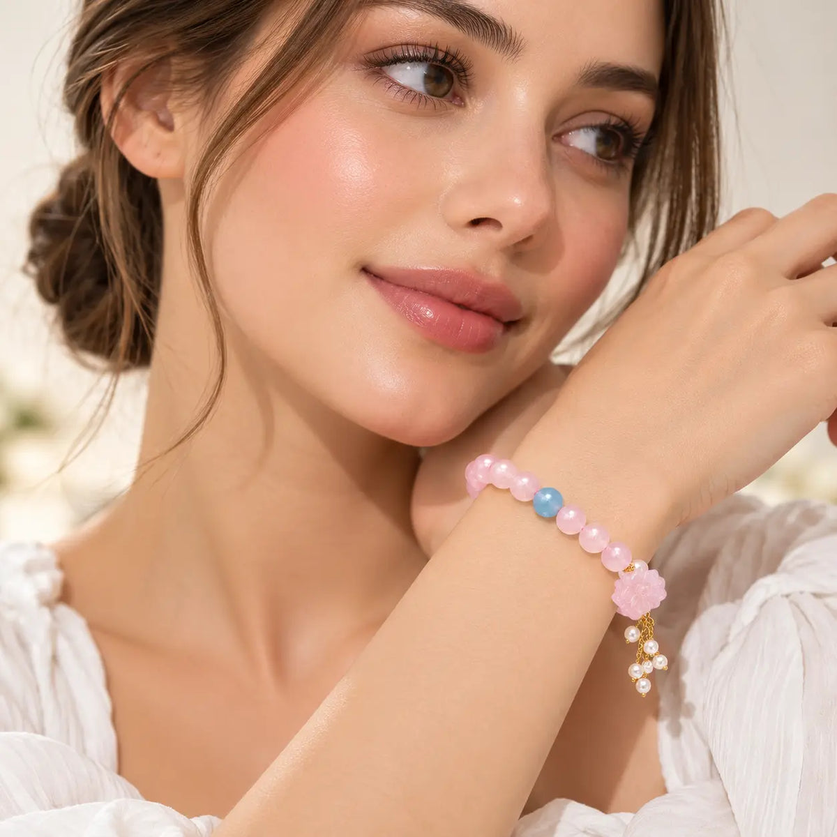 Fleurine Rose Quartz Flower Stretch Bracelet - 18K Gold-Plated 925 Sterling Silver