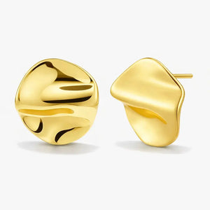 18K gold plated abstract stud earrings with a polished, wavy organic design on white background