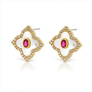 A pair of gold and white flower-shaped stud earrings with a central pink gemstone and small clear rhinestone accents, shown on a white background.