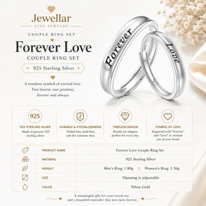 Jewellar Forever Love Couple Ring Set made of 925 sterling silver, featuring two interlocking rings engraved with 'Forever' and 'Love'. The image includes product specifications, sizing, and a clean, elegant background with dried flowers.
