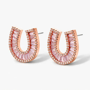 Rose gold horseshoe earrings with pink baguette crystals and small clear rhinestones