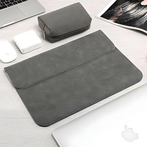 FrostGuard frosted PU leather laptop sleeve with magnetic flap and microfiber lining—slim protective case for 13, 14, and 15.6 inch laptops.