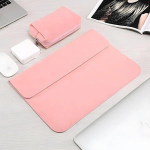 FrostGuard frosted PU leather laptop sleeve with magnetic flap and microfiber lining—slim protective case for 13, 14, and 15.6 inch laptops.