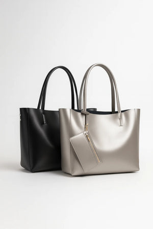 Elegant large-capacity tote bag made from genuine cowhide leather, bucket-style design with soft polyester-cotton lining, available in black, gold, and silver.