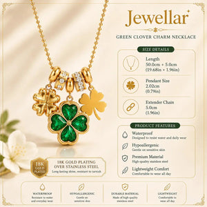 A product infographic for the Jewellar brand showcasing a green clover layered necklace. The image features the necklace with its gold-plated pendant, detailed size measurements, product features, and care instructions on a styled cream background with a gold clover motif.