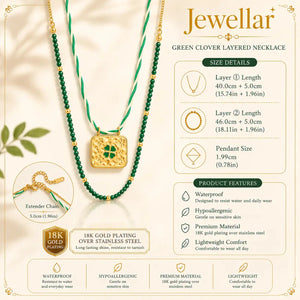 A product infographic for the Jewellar brand showcasing a green clover layered necklace. The image features the necklace with its gold-plated pendant, detailed size measurements, product features, and care instructions on a styled cream background with a gold clover motif.