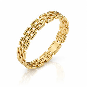 A yellow gold link bracelet with a polished, multi-strand design and a rectangular clasp, shown on a clean white background with a soft reflection.