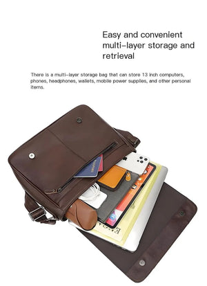 Hawthorne men’s brown genuine oil-wax leather messenger shoulder bag, 34.5×11×26.5 cm, 1.15 kg, adjustable strap.