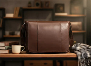 Hawthorne men’s brown genuine oil-wax leather messenger shoulder bag, 34.5×11×26.5 cm, 1.15 kg, adjustable strap.