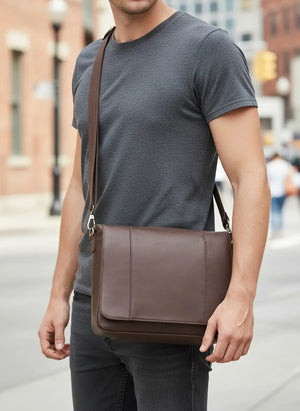 Hawthorne men’s brown genuine oil-wax leather messenger shoulder bag, 34.5×11×26.5 cm, 1.15 kg, adjustable strap.