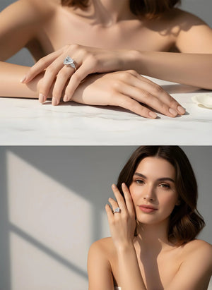 S925 sterling silver heart halo ring with 8×8 mm heart-cut high-carbon center and micro-pavé accents (HeartLuxe).