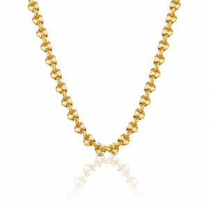 A gold chain necklace with a textured, knotted link design, displayed on a clean white background with a soft reflection below.