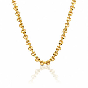 A gold chain necklace with a textured, knotted link design, displayed on a clean white background with a soft reflection below.
