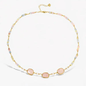 Necklace with pink and gold beads on a white background