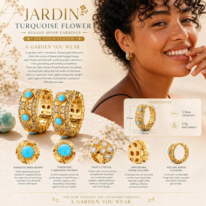 Jardin Turquoise Flower huggie hoop earrings with product details on a model wearing them.