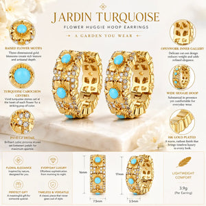 Jardin Turquoise flower huggie hoop earrings with turquoise carnelian centers on a white background.