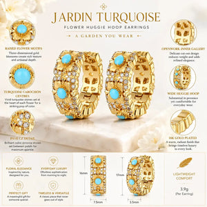 Jardin Turquoise flower huggie hoop earrings with turquoise carnelian centers on a white background.