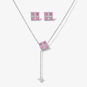 Square pink gemstone necklace and stud earring jewelry set on white background