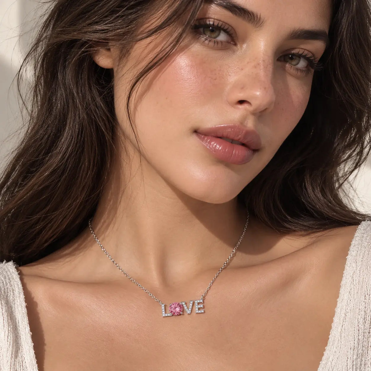 A close-up lifestyle shot of a woman wearing a silver-tone necklace with the word 'LOVE' in sparkling clear stones, where the 'O' is replaced by a pink gemstone. She is wearing a light beige knit top against a bright, sunlit background.