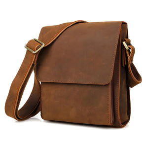 Lucien men’s business shoulder bag in brown Crazy Horse top-grain leather with vertical design (22×10×25 cm).