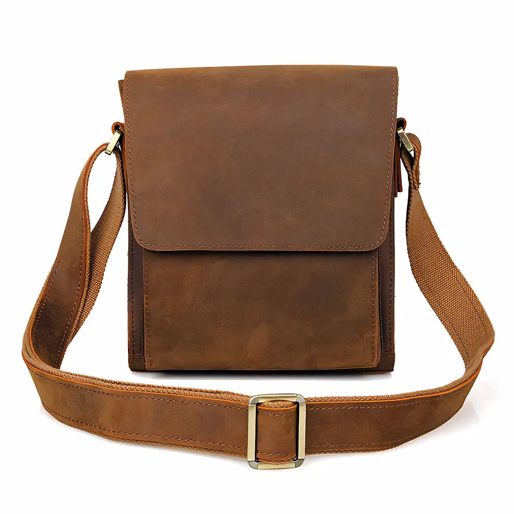 Lucien men’s business shoulder bag in brown Crazy Horse top-grain leather with vertical design (22×10×25 cm).