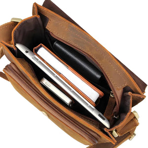 Lucien men’s business shoulder bag in brown Crazy Horse top-grain leather with vertical design (22×10×25 cm).