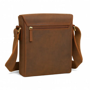 Lucien men’s business shoulder bag in brown Crazy Horse top-grain leather with vertical design (22×10×25 cm).