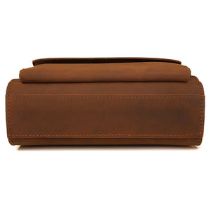 Lucien men’s business shoulder bag in brown Crazy Horse top-grain leather with vertical design (22×10×25 cm).