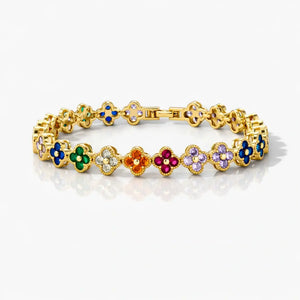 14K gold plated bracelet with multicolor cz clover charms, floral design on white background