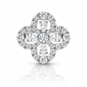 A silver-toned clover-shaped halo ring set with round and marquise-cut clear diamonds, centered on a white background with a soft reflection below.