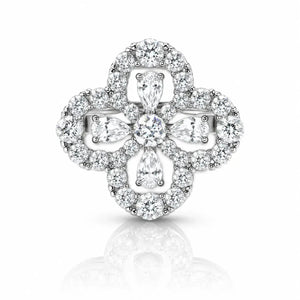 A silver-toned clover-shaped halo ring set with round and marquise-cut clear diamonds, centered on a white background with a soft reflection below.