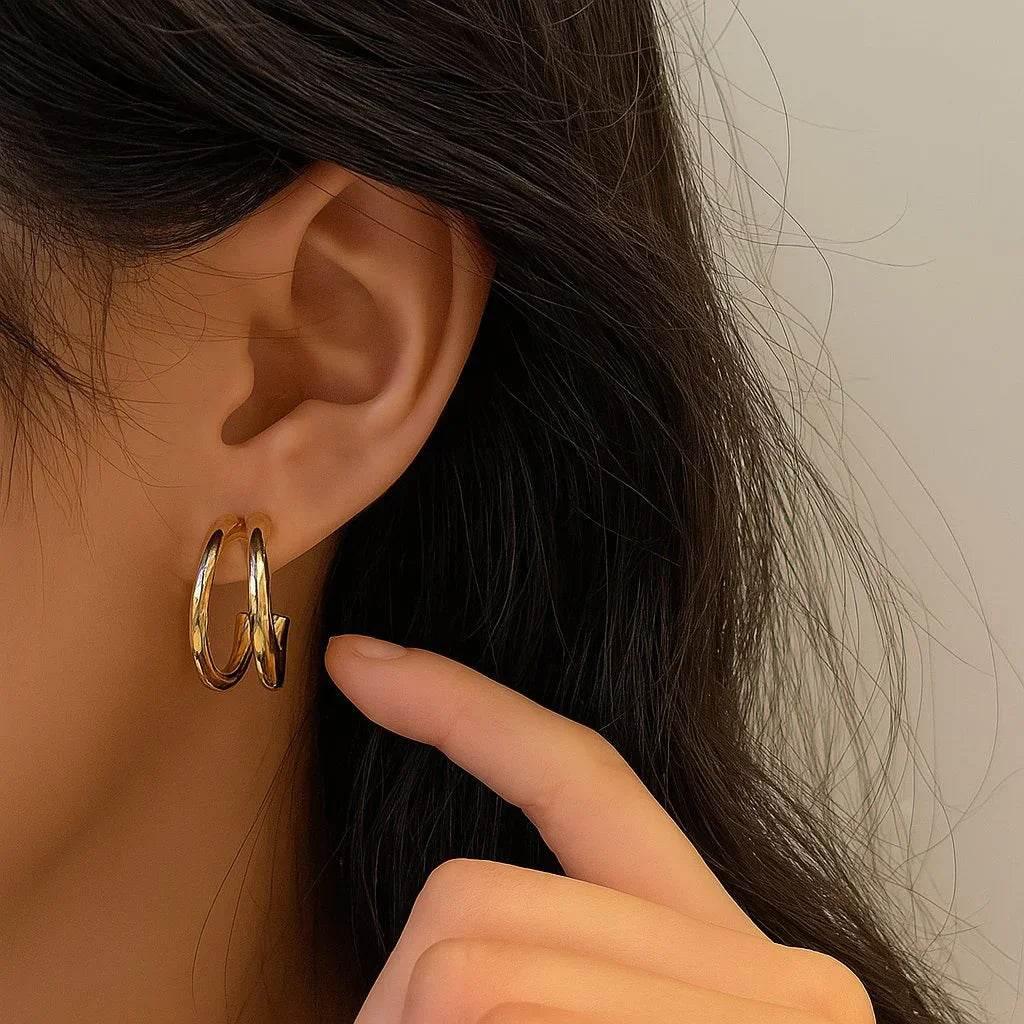 Luma Duo – 14K Gold Double-Layer Titanium Steel Studs - Jewellar