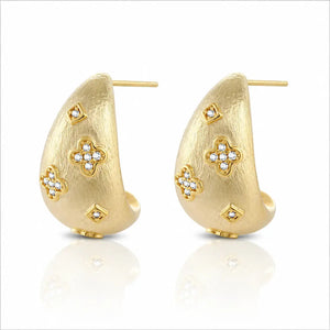 Gold hoop earrings with diamond-like stone designs on a white background