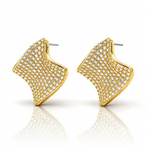 Gold earrings with diamond-like stones on a white background