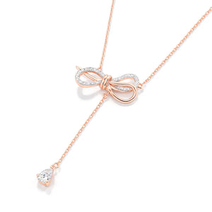 Lumine S925 sterling silver bow necklace with CZ accents, adjustable 39 cm + 4 cm extender in Silver or Rose Gold.