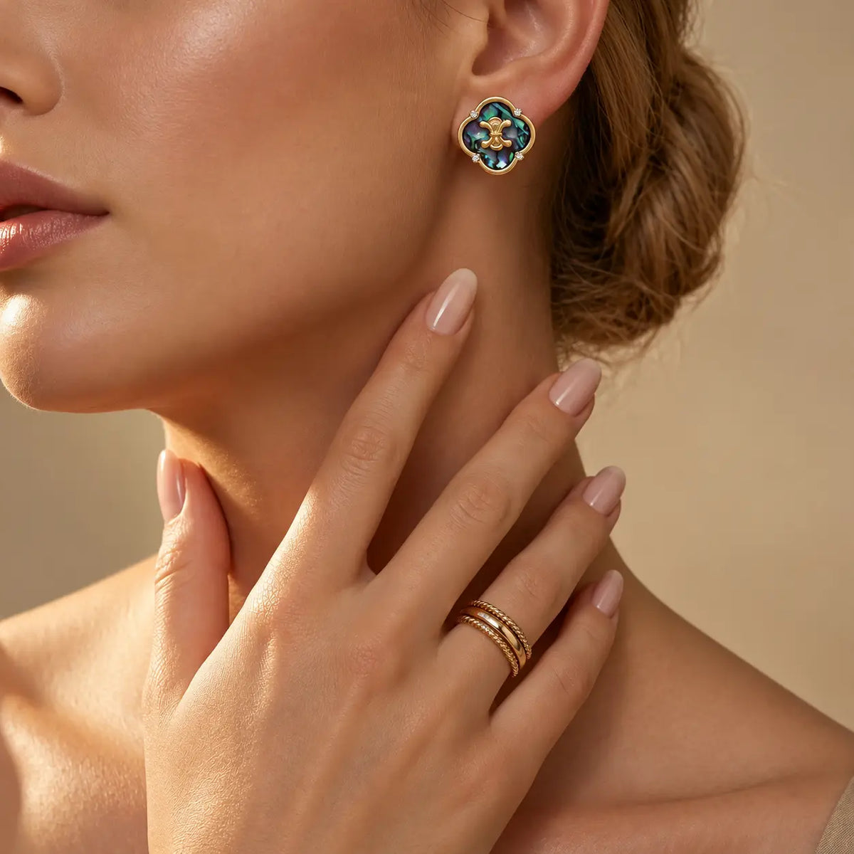 Abalone Quatrefoil Stud Earrings - 18K Gold Plated