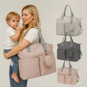 Max Space Mommy Travel Bag in polyester with large capacity and multiple compartments, available in Light Blue, Deep Blue, Light Grey, and Pink.