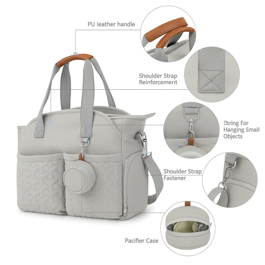 Max Space Mommy Travel Bag in polyester with large capacity and multiple compartments, available in Light Blue, Deep Blue, Light Grey, and Pink.