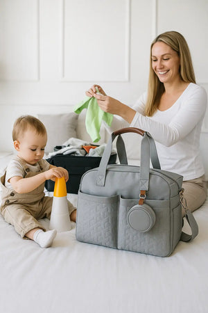 Max Space Mommy Travel Bag in polyester with large capacity and multiple compartments, available in Light Blue, Deep Blue, Light Grey, and Pink.