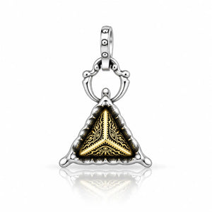 A sterling silver and gold pendant charm featuring a triangular design with an ornate gold pattern on a black background, set in a polished silver frame with a decorative bail at the top.