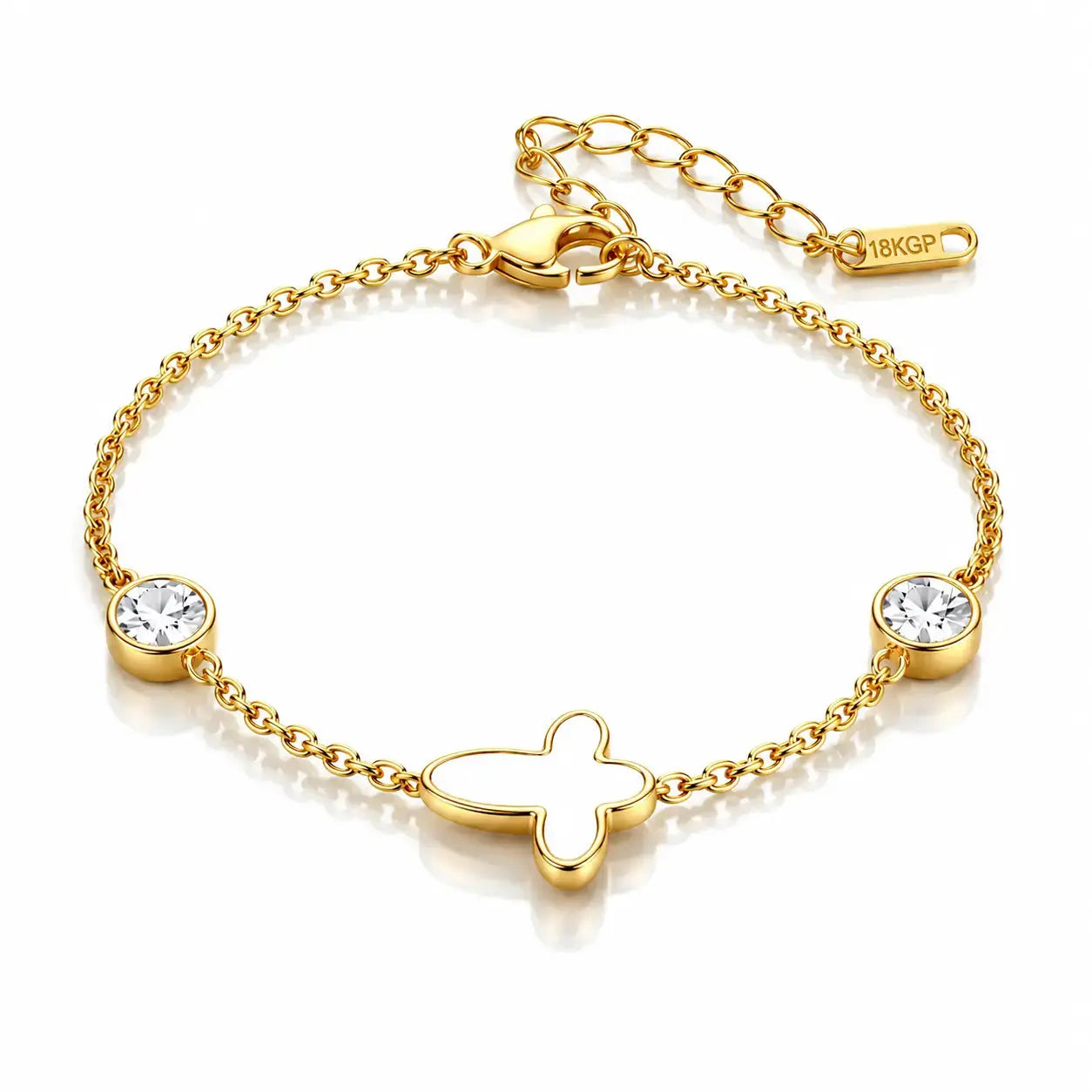 A gold chain bracelet with a central four-leaf clover charm, two bezel-set clear rhinestones, and an adjustable clasp with an extender chain. The brand name '18KGP' is engraved on the small tag near the clasp.