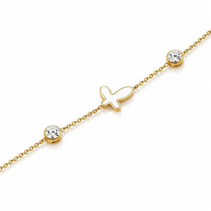 A delicate gold chain bracelet featuring a small butterfly-shaped charm in the center and two bezel-set round clear stones on either side, shown on a clean white background.