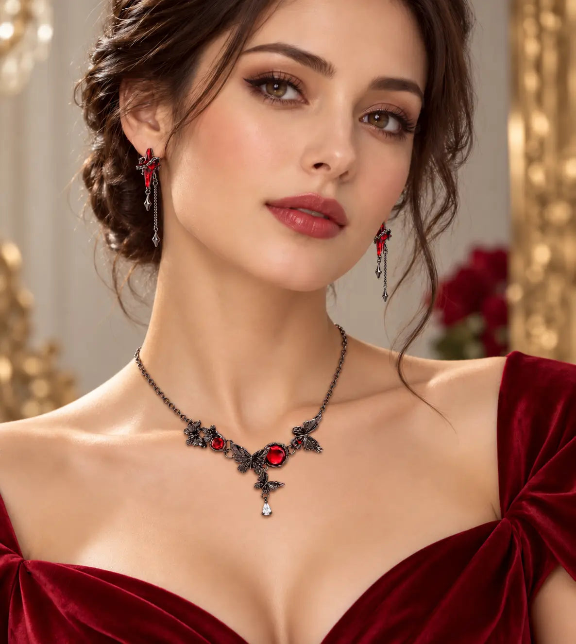 Midnight Butterfly Red Resin Jewelry Set - Gunmetal