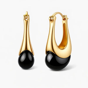 18K gold plated sterling silver earrings with black agate teardrop stones, modern design