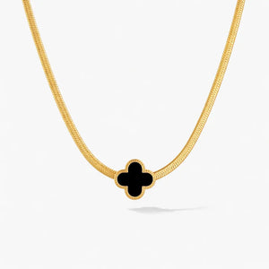 18K gold necklace with black clover-shaped pendant on snake chain, elegant jewelry